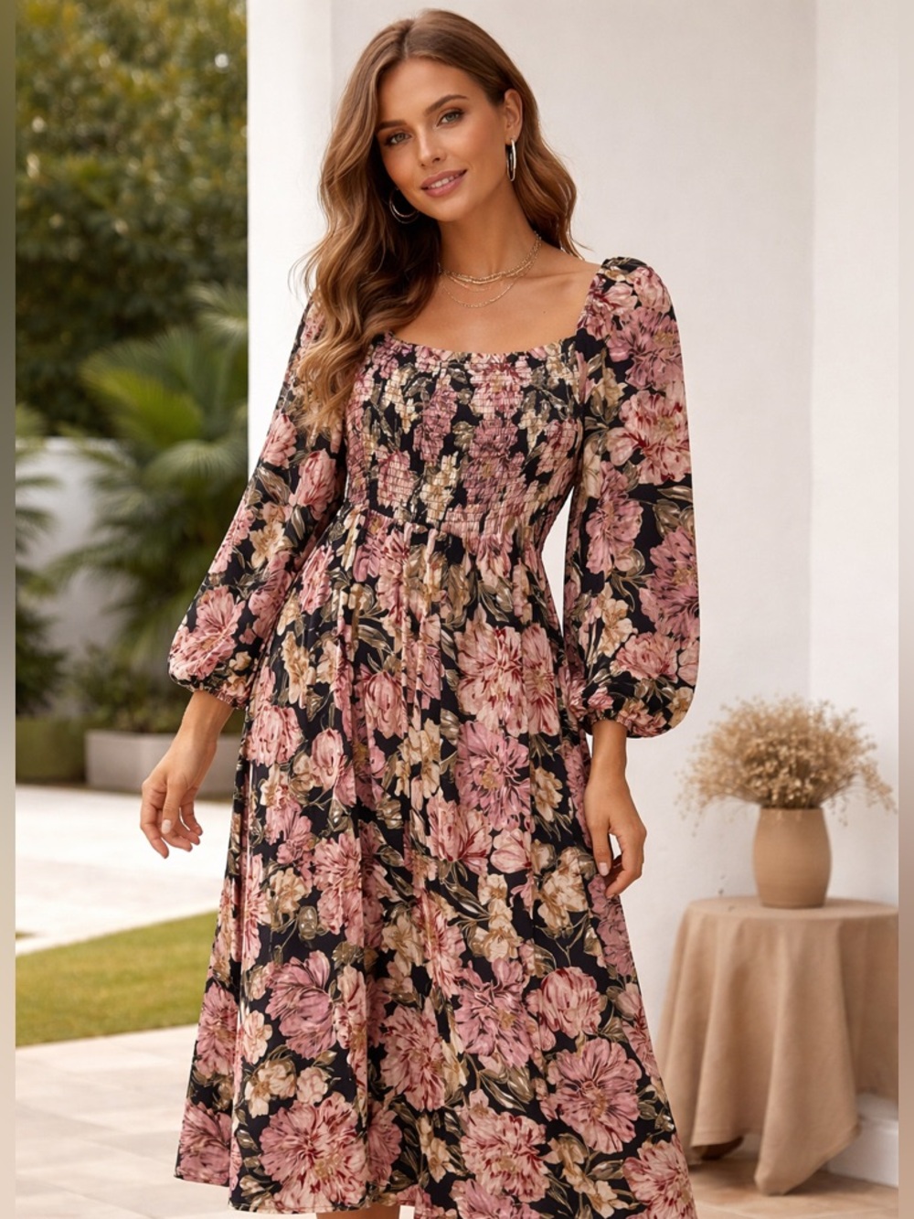 Petal & Pup Floral Shirred Smock Top Puff Sleeve Midi Maxi Rayon Dress